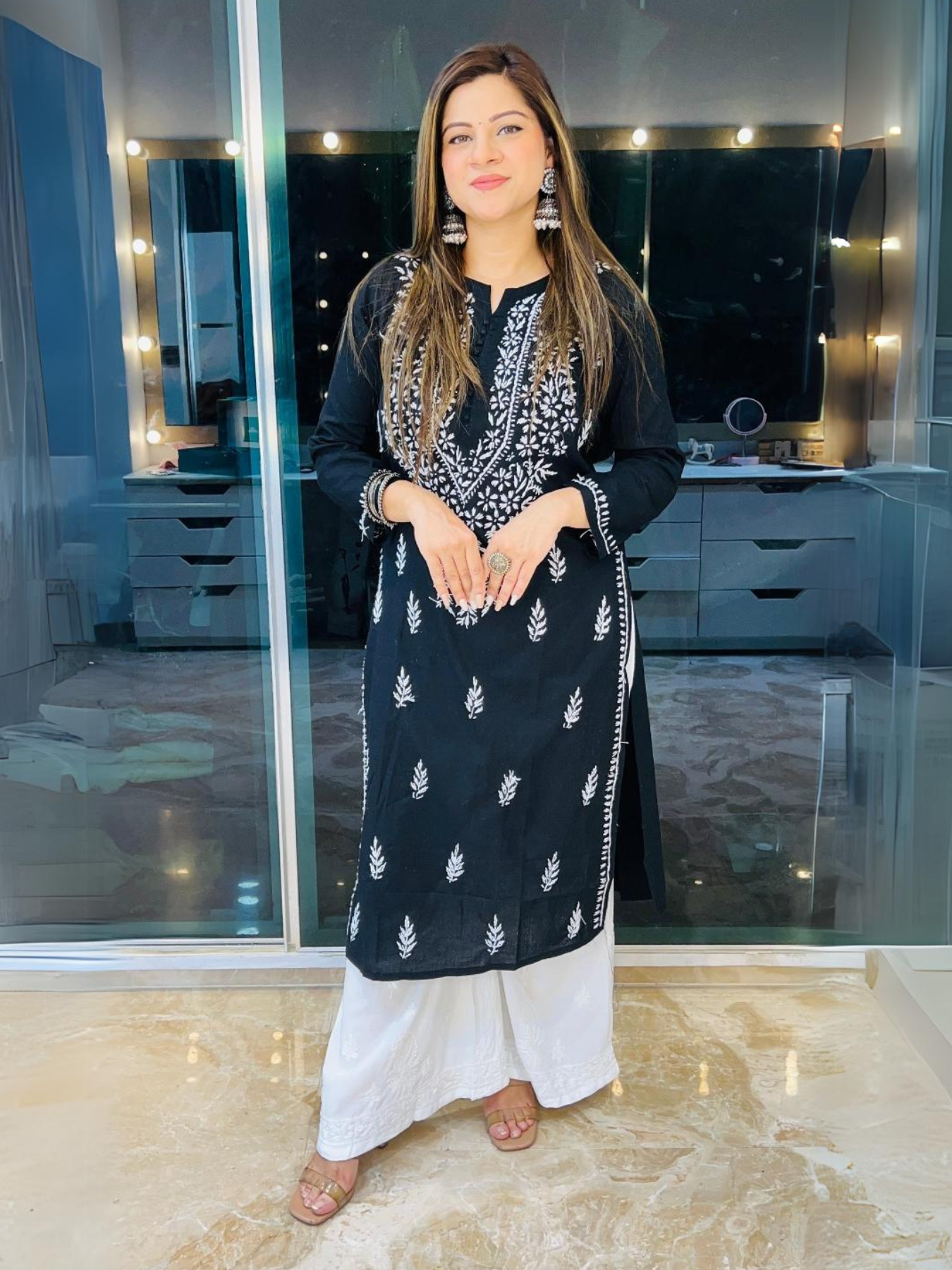 Noor Buttoned Chikankari Long Kurti