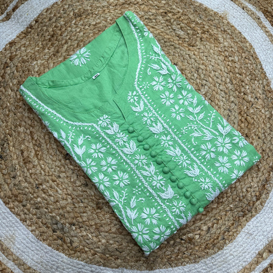 Light Green Chikankari Floral embroidered Work Kurti