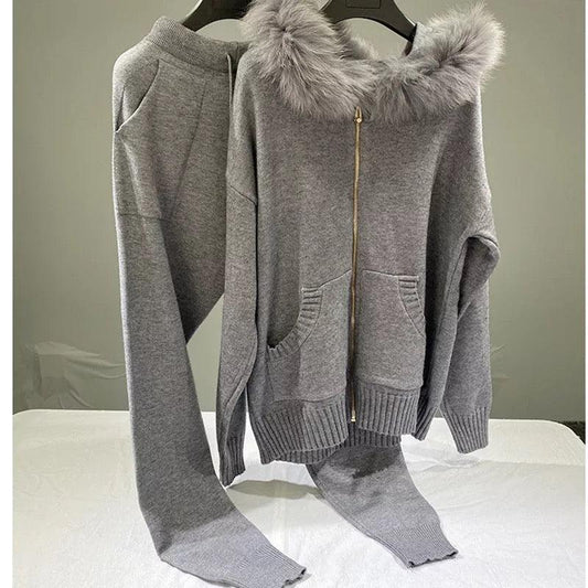 Grey Fur Hooded Co-ord Set