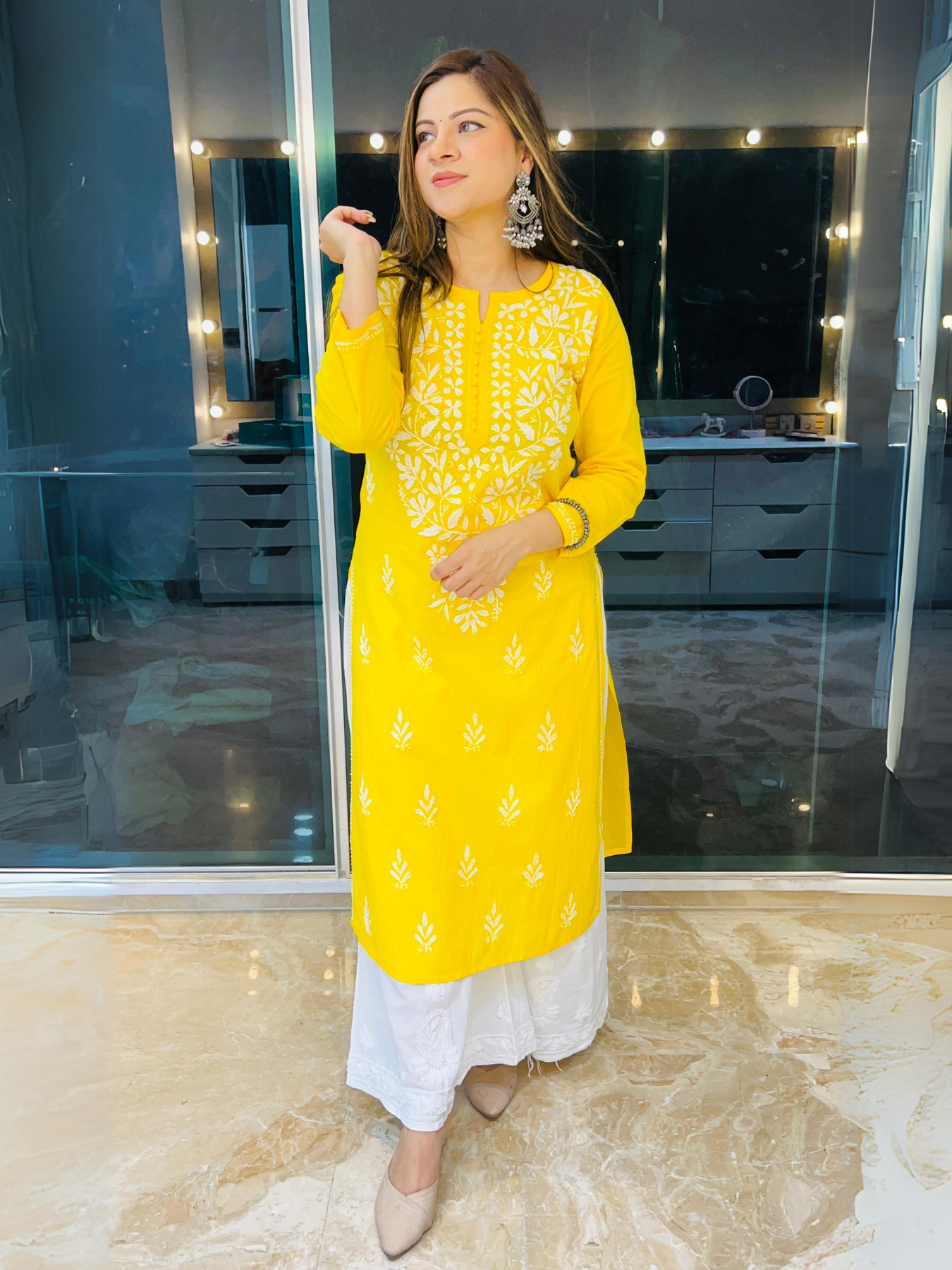 Yellow Chikankari Floral embroidered Work Kurti