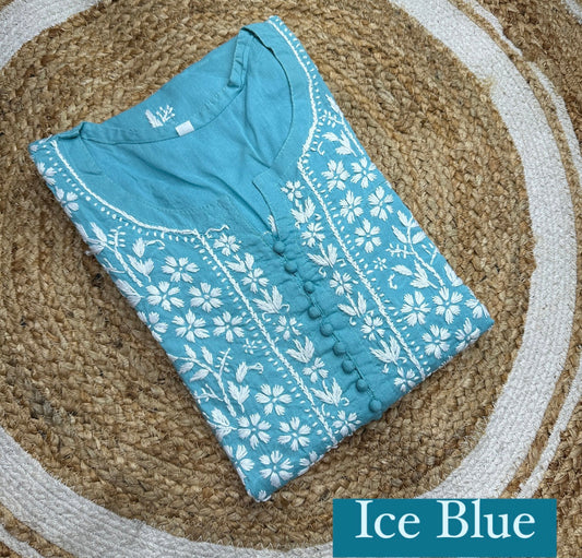 Ice Blue Chikankari Floral embroidered Work Kurti