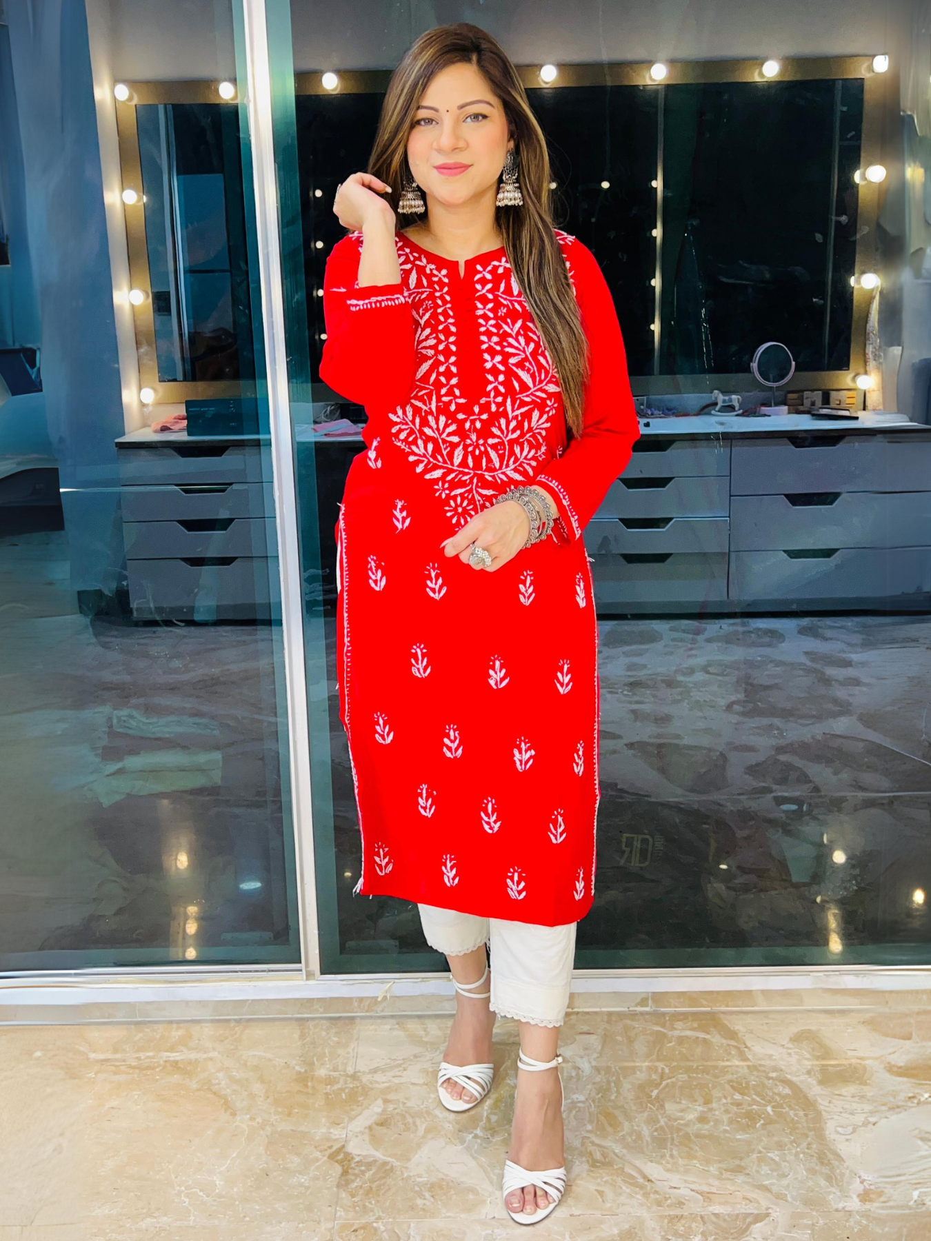 Red Chikankari Floral embroidered Work Kurti