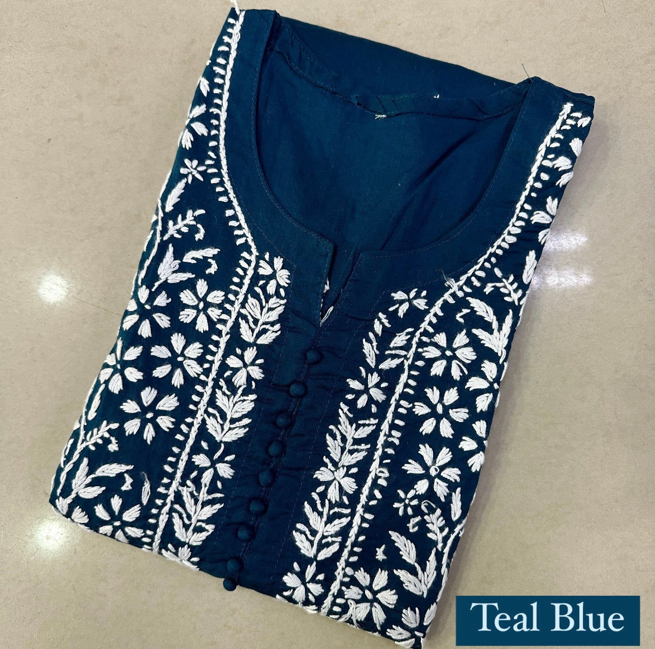 Teal Blue Chikankari Floral embroidered Work Kurti