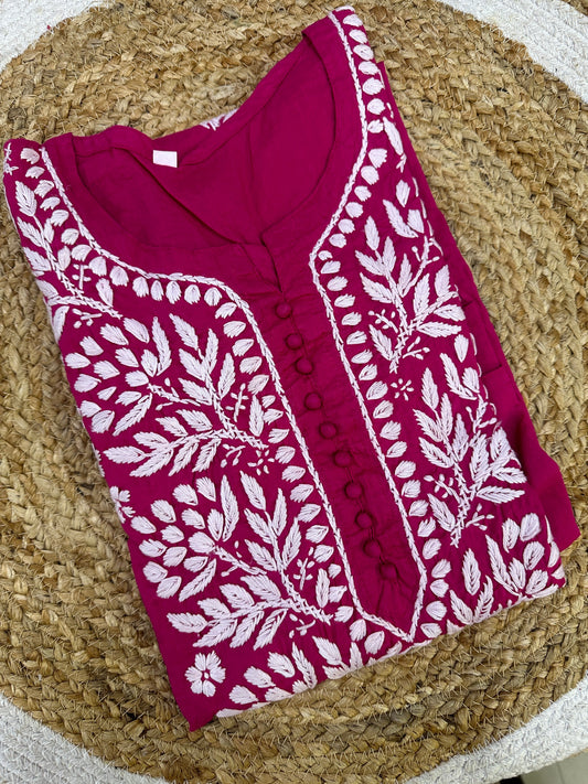 Magenta Chikankari Floral embroidered Work Kurti