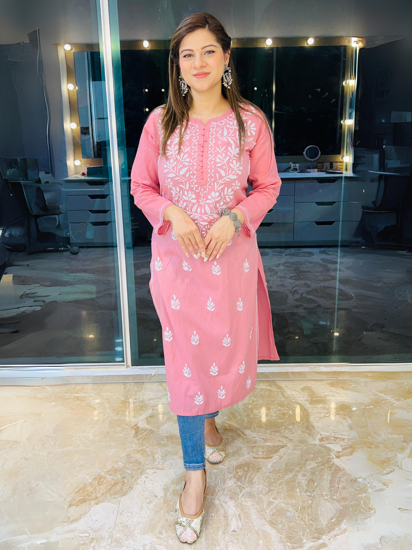 Pink Chikankari Floral embroidered Work Kurti