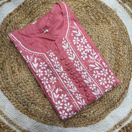 Onion Pink Chikankari Floral embroidered Work Kurti