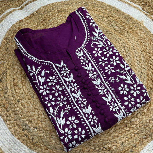 Wine Chikankari Floral embroidered Work Kurti