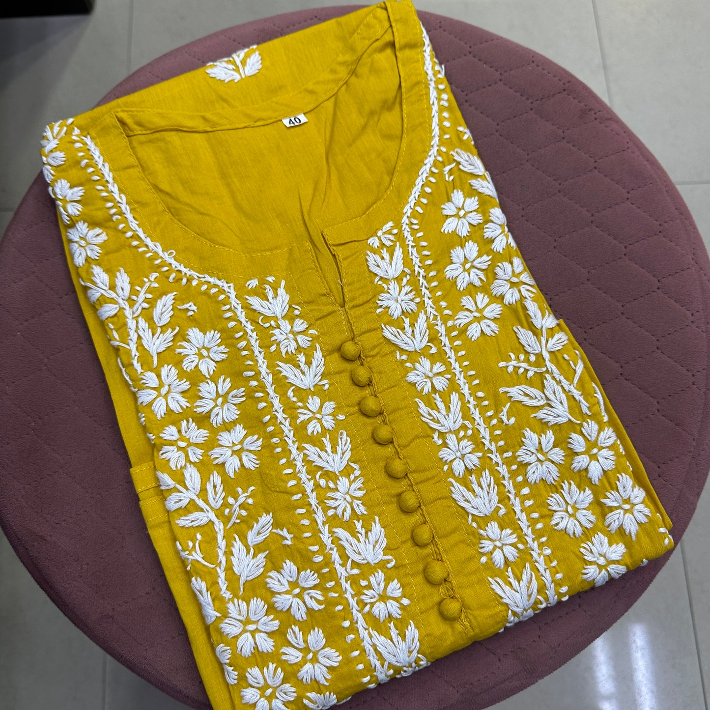 Mustard Chikankari Floral Embroidered Kurti